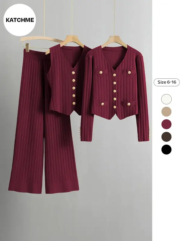 Lady Elegant Knit V-Neck Gold-Toned Button Vest & Wide Leg Trousers With Long Sleeve Cardigan Three-Piece Sets, Formal Casual...