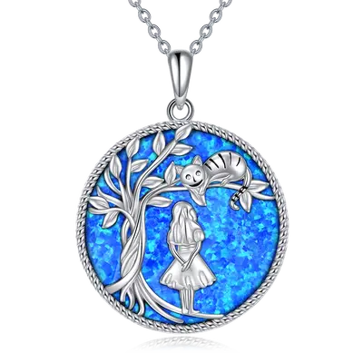 Sterling Silver Circular Opal Cat & Girl Tree Of Life Necklace for Women