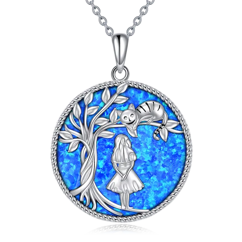 Sterling Silver Circular Opal Cat & Girl Tree Of Life Necklace for Women