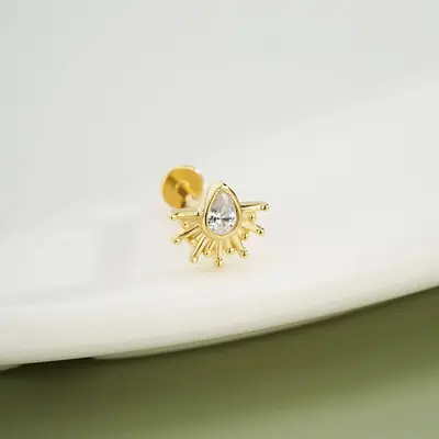14K Gold Marquise CZ Sunburst Threadless Nose Stud - 14K Top Only / Top Only