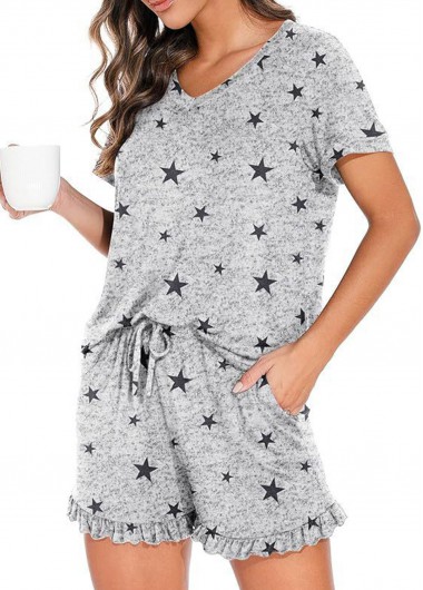 Modlily Grey Star Print Short Sleeve Lounge Top and Shorts - M