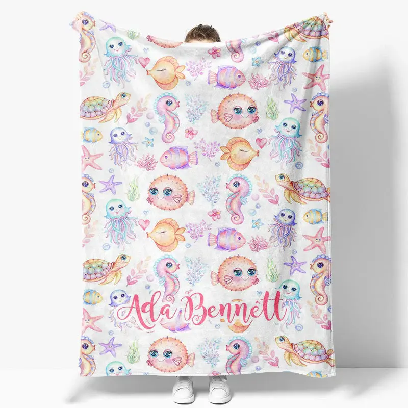 Aperturee Undersea Colorful Animals Plants Custom Name Blanket - Aperturee