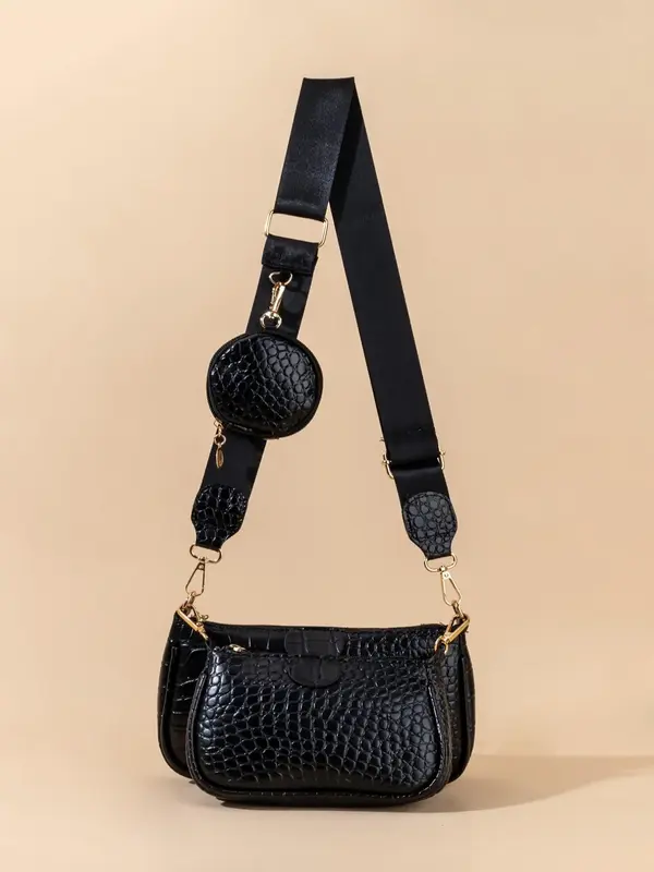 3pcs/set Women's Elegant Crocodile Embosses Crossbody Bag & Coin Purse & Clutch Bag, Casual Trendy Crossbody Bag, Fashionable...