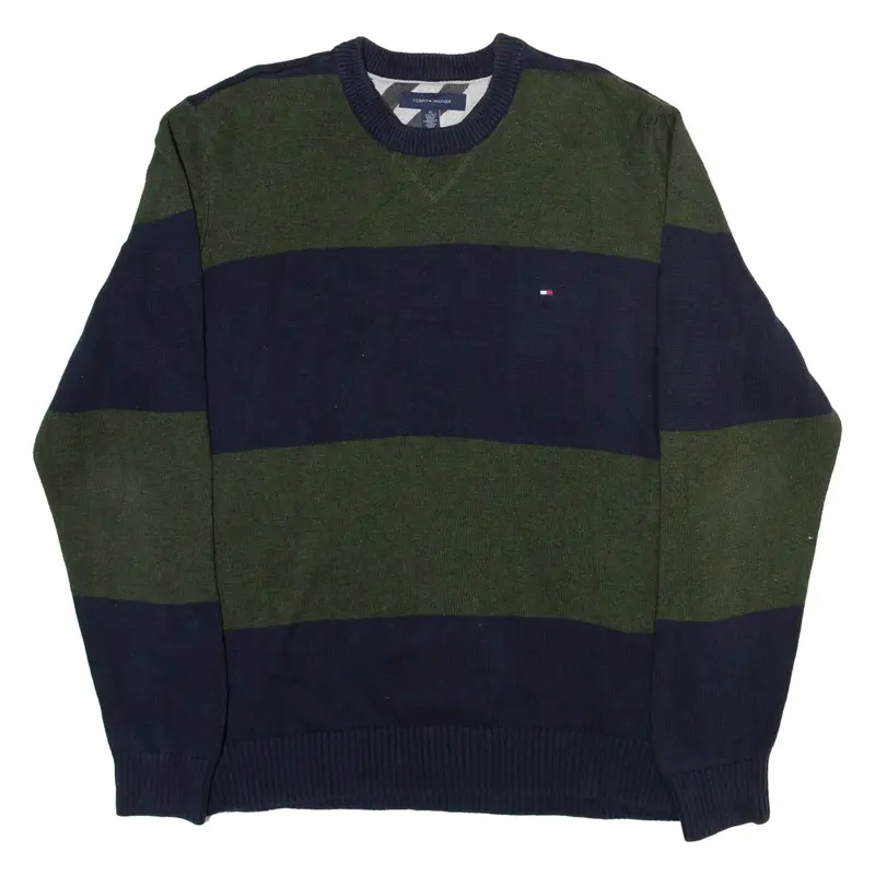 TOMMY HILFIGER Mens Patterned Jumper Blue Striped Tight Knit XL