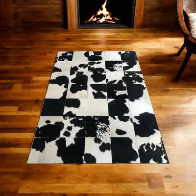 Black & White Cow Print Cowhide Patchwork Rug