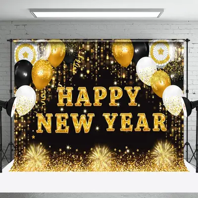 Aperturee Gold Glitter Balloon Happy New Year Party Backdrop - Aperturee