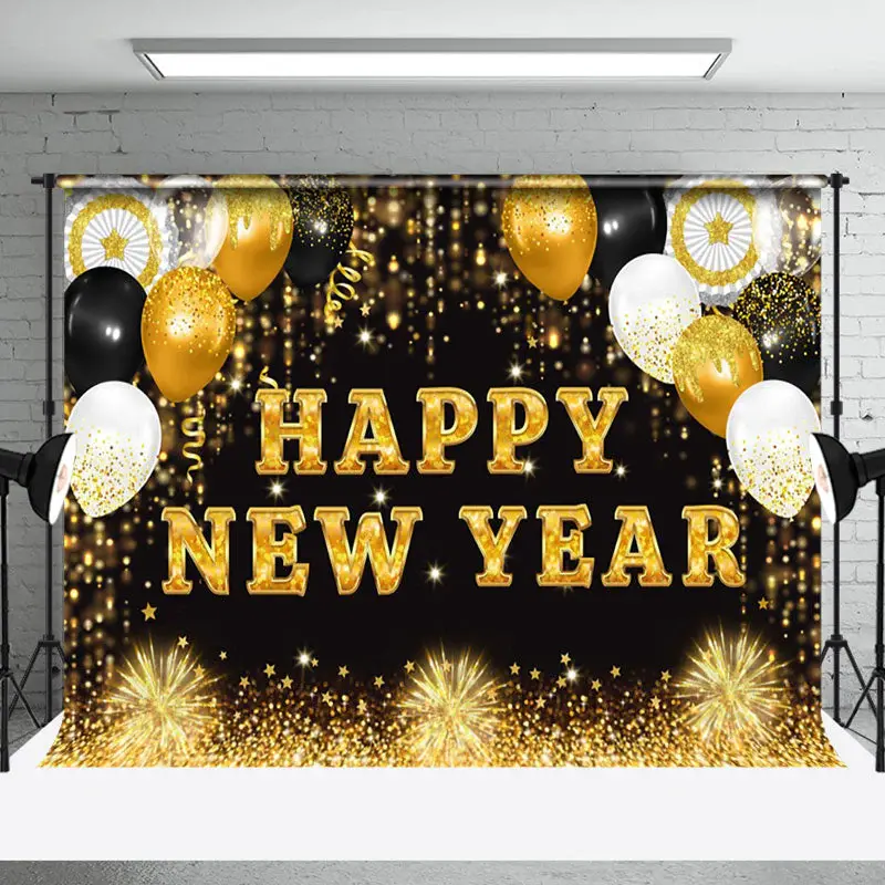 Aperturee Gold Glitter Balloon Happy New Year Party Backdrop - Aperturee