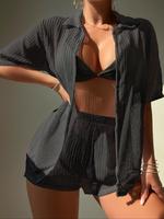 Women's Solid Color Open Front Cover Up & Shorts Set, Casual Fashion Short Sleeve Swimwear Set for Beach Holiday Vacation, L...