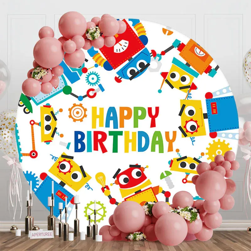 Aperturee Round Colorful Measuring Robot Birthday Backdrop - Aperturee