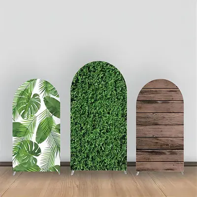 Greenery Monstera Brown Wood Wall Arch Backdrop Kit - Aperturee