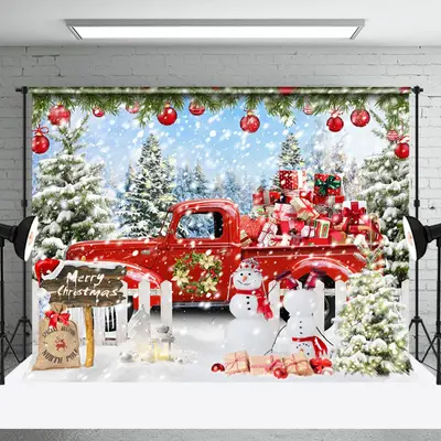Aperturee Snowy Bauble Red Gift Truck Snowman Xmas Backdrop - Aperturee
