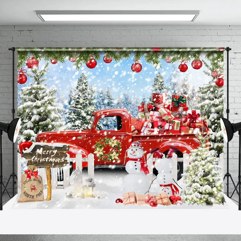Aperturee Snowy Bauble Red Gift Truck Snowman Xmas Backdrop - Aperturee