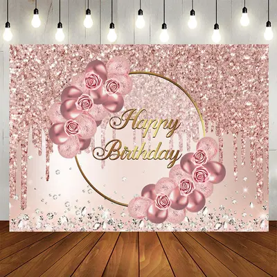 Aperturee Rose Gold Pink Flower Diamond Birthday Backdrop