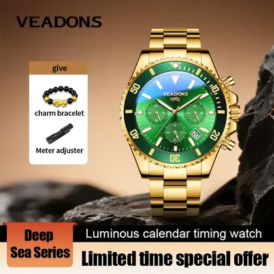 【dealsforyoudays】Veadons Men's Luxury Dress Watch, Green Dial, 40mm Stainless Steel Strap, Rotating Quartz Analog, Waterp...