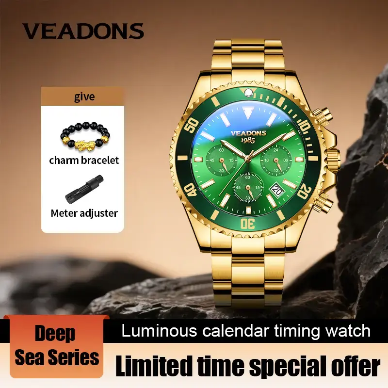 【dealsforyoudays】Veadons Men's Luxury Dress Watch, Green Dial, 40mm Stainless Steel Strap, Rotating Quartz Analog, Waterp...