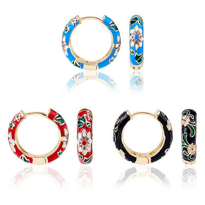 3 Pairs 3 Colors Brass Flower Pattern Hoop Earrings