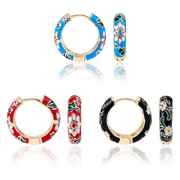 3 Pairs 3 Colors Brass Flower Pattern Hoop Earrings