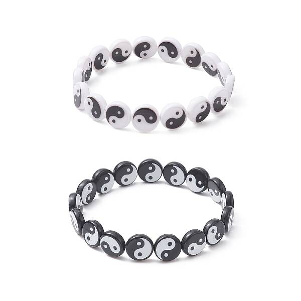 2Pcs 2 Color Acrylic Yin Yang Stretch Bracelets Set