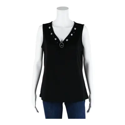 KINGFIELD Stretch Beaded Top Black V-Neck Sleeveless Womens L