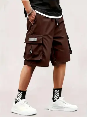 Men's Solid Drawstring Waist Cargo Shorts, Loose Casual Streetwear Flap Pocket Utility Shorts, Summer Clothes, Plain Bermuda...