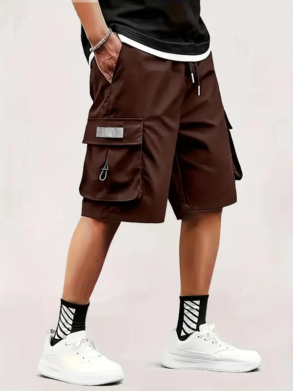 Men's Solid Drawstring Waist Cargo Shorts, Loose Casual Streetwear Flap Pocket Utility Shorts, Summer Clothes, Plain Bermuda...