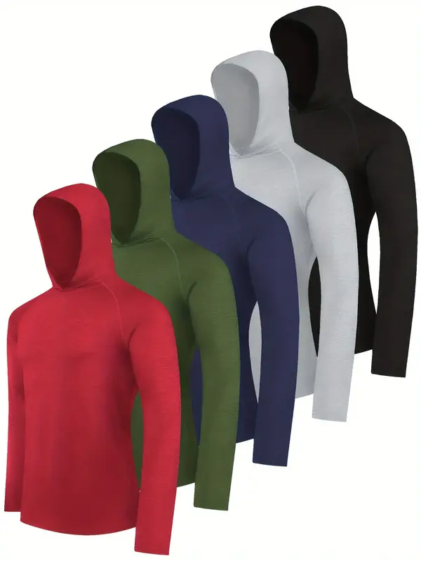 5pcs Men's Athletic Hoodie Shirts - Moisture-Wicking, Breathable Polyester Blend, Long Sleeve - Hooded Design for Casual, Fis...