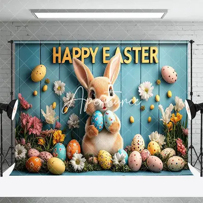 Aperturee Colorful Eggs Floral Bunny Blue Wall Easter Backdrop, 3X2FT(1MX0.6M), 14 USD, easter backdrops, ZHF438A-M