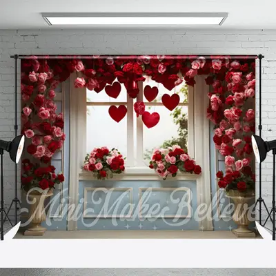 Romantic Red Rose Heart Window Photography Backdrop - Aperturee