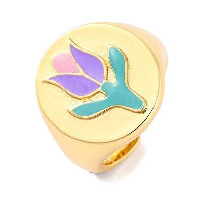Round with Tulip Brass Enamel Open Cuff Rings