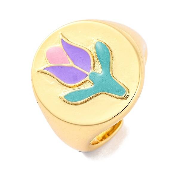 Round with Tulip Brass Enamel Open Cuff Rings