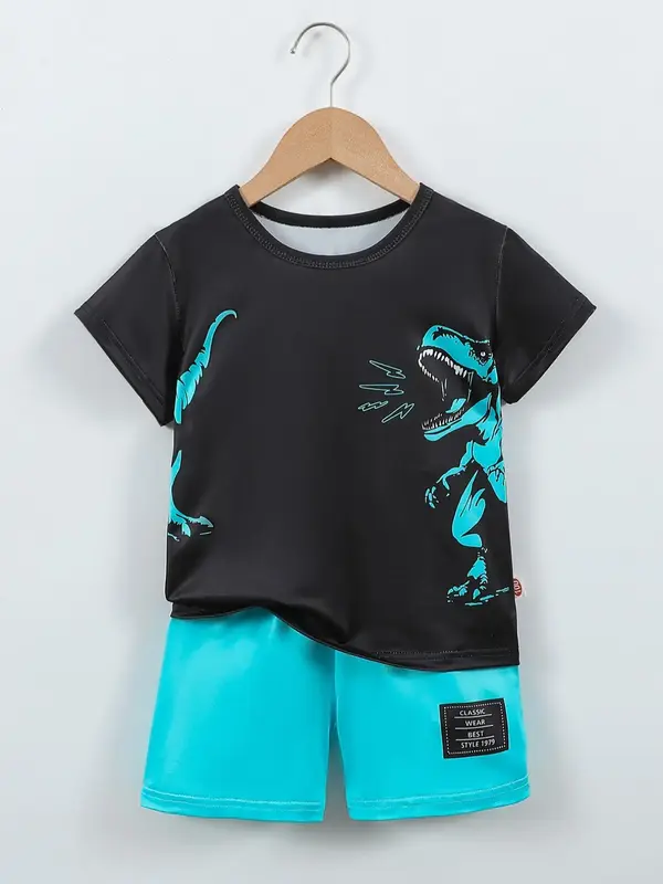 Two-Piece Set Toddler Boy's Dinosaur Print Short Sleeve Tee & Shorts, Casual Round Neck T-shirt & Shorts for Daily Wear, Kids...