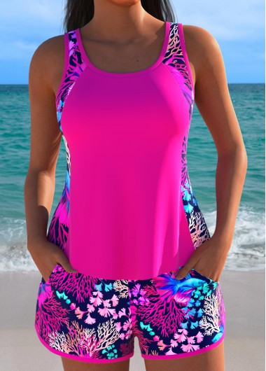 Modlily Mid Waisted Marine Life Print Hot Pink Tankini Set - XXL