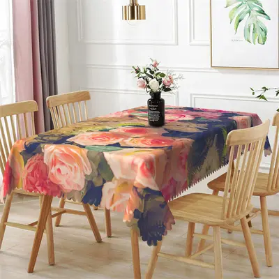 Pink White Floral Green Leaves Rectangle Tablecloth - Aperturee