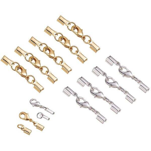 20 Sets Silver & Golden Color Brass Lobster Claw Clasps Fold Over Cord End Caps Terminators Crimp End Tips for Jewelry Making