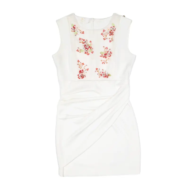 ELISSABETTA FRANCHI Floral Sequin Detail Party Mini Dress White Satin Sleeveless Short Womens UK 10