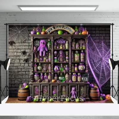 Brick Wall Pick Your Poison Shelf Halloween Backdrop - Aperturee