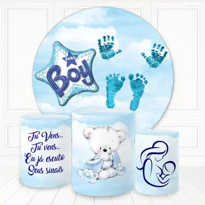Aperturee Boy Bear Hand And Footprint Round Backdrop Kit For Baby Shower | Round Baby Shower Backdrop | Round Party Backdrop ...