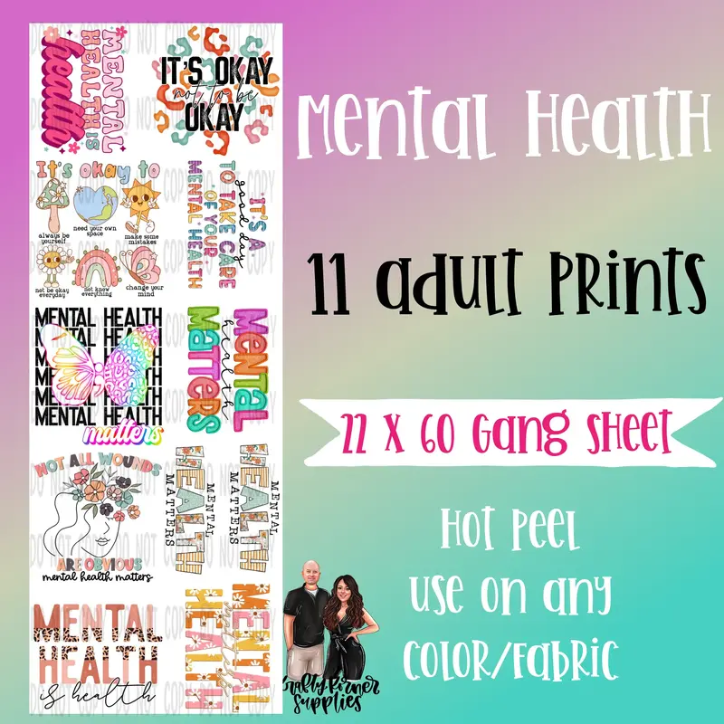 Mental Health DTF Transfer Gang Sheet, 22 x 60