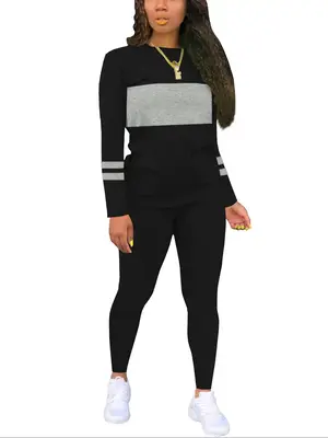 Two-piece Set Women's Colorblock Round Neck Tee & Plain Skinny Pants, Casual Long Sleeve T-shirt & Trousers for Fall & Winter...