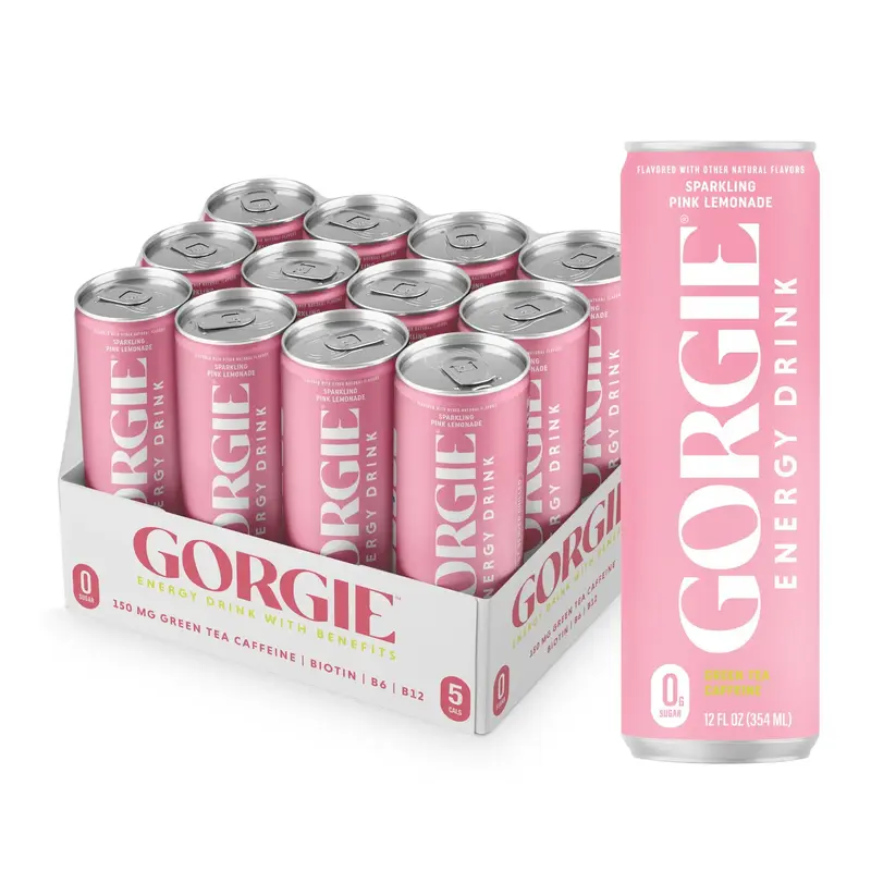 GORGIE Sugar Free Natural Energy Drinks, Sparkling Pink Lemonade (12 Pack) - Healthy Energy Drinks - Natural Coffee Replaceme...