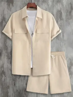 Two-Piece Set Men's Button Front Shirt & Drawstring Waist Shorts Set, Regular Fit Short Sleeve Collared Shirt & Track Shorts,...