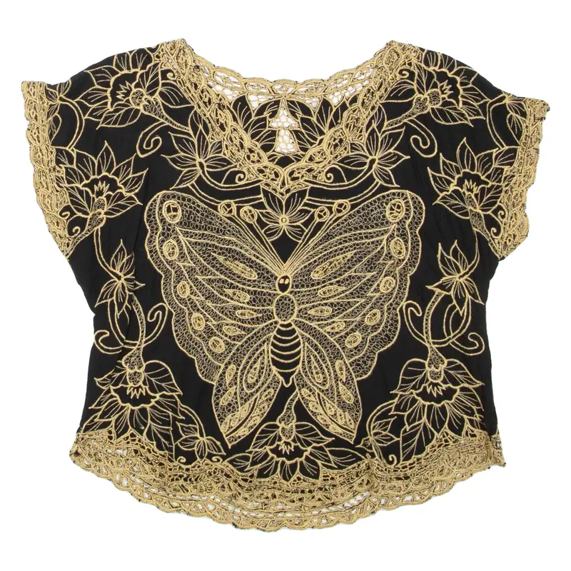 Womens Cropped Top Black V-Neck Floral L