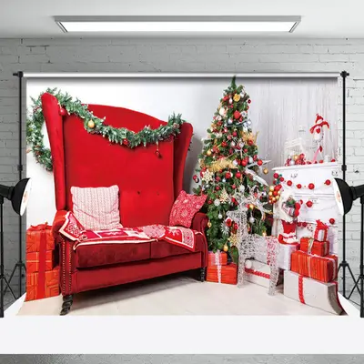 Aperturee White Red Sofa Gifts Xmas Trees Christmas Backdrop