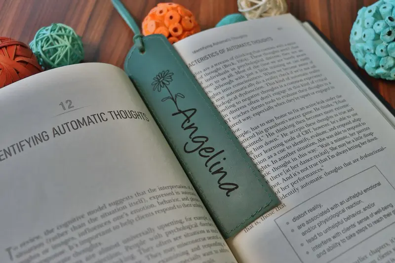 Birth Month Flower Leather Bookmark - Green Color , Real Leather, Same Day Shipping, Free Shipping US