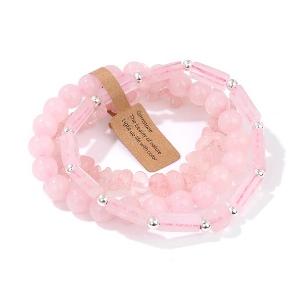 3Pcs Natural Rose Quartz Bead Bracelet  Sets for Men