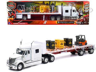 International Lonestar Flatbed Truck White with 6 Toxic Barrels, 3 Pallets and Forklift Long Haul Trucker Series 1/32 Dieca...