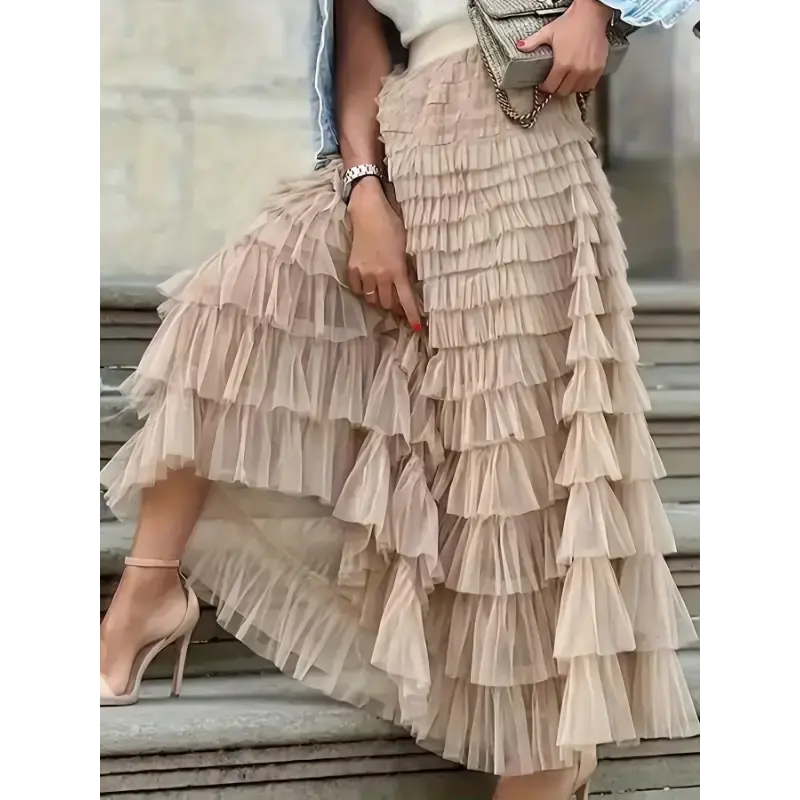 Elegant Plus Size Tulle Layered Skirt - High Waist, Non-Stretch, Machine Washable - Perfect for All Seasons
