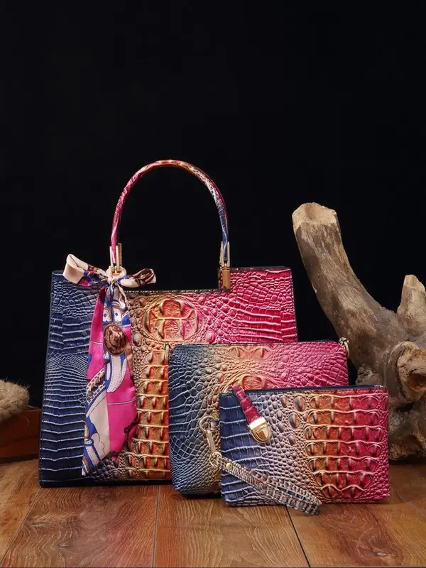 Fashionable Crocodile Embossed Tote Bag & Clutches & Wristlet, Fashionable  Handbag  Set for Summer Daily Use