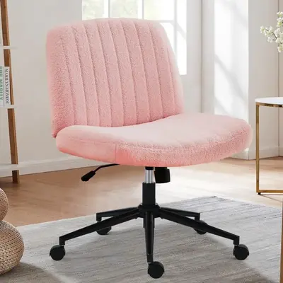 Cross-Legged Fabric chair with Wheels, Cute Armless Office Desk Vanity Chair, Swivel Height Adjustable Wide Seat Chair with C...