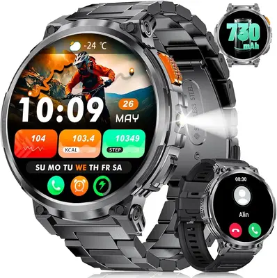 Smart Watch with LED Flashlight 1.85inch SmartWatch 730mAh Large Battery 114 Sports Modes Fitness Watch Sleep Tracker Tactica...